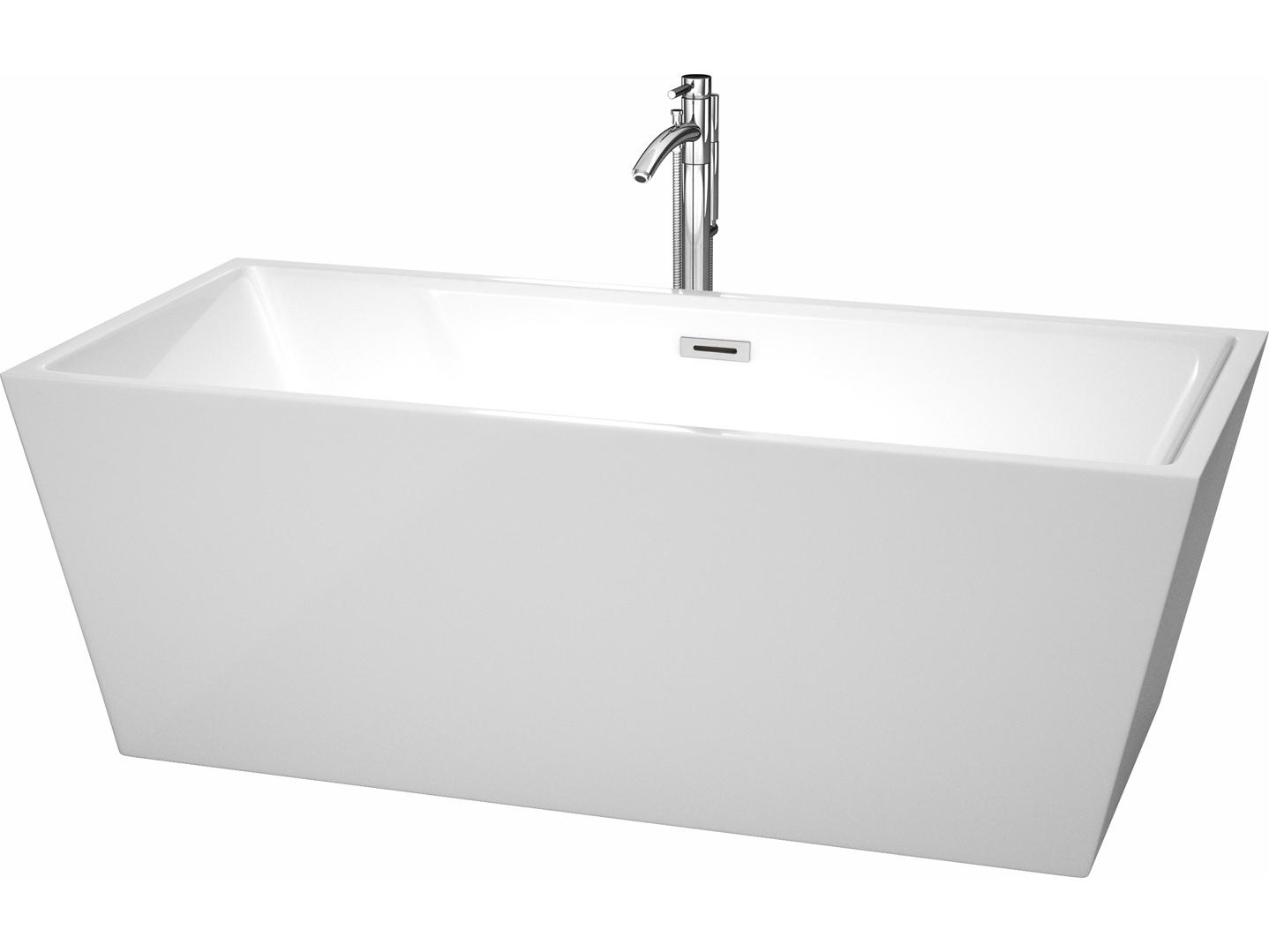 Wyndham Collection Sara White Bathtub with Floor Mounted Faucet, Drain and Overflow Trim