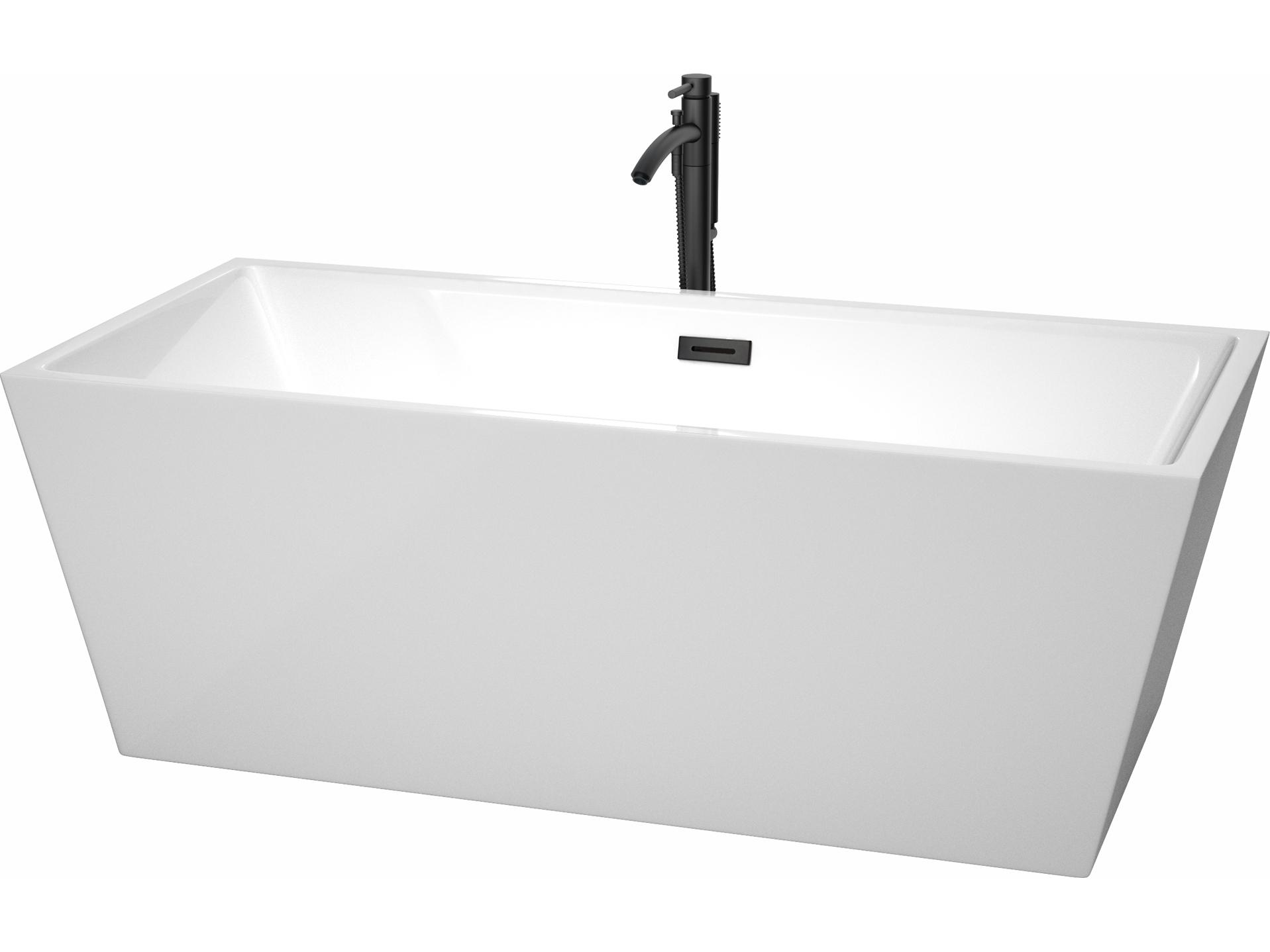 Wyndham Collection Sara White Bathtub with Floor Mounted Faucet, Drain and Overflow Trim