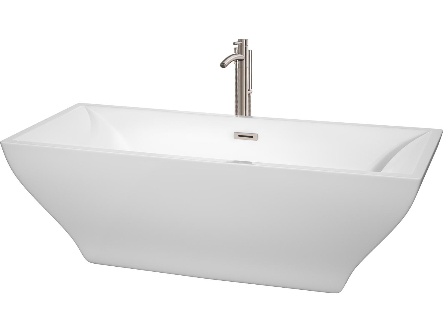 Wyndham Collection Maryam White Bathtub with Floor Mounted Faucet, Drain and Overflow Trim