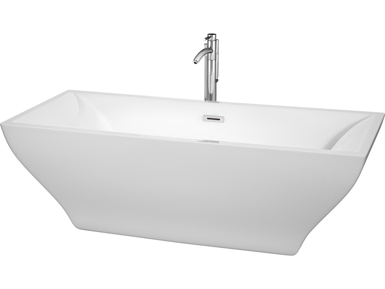 Wyndham Collection Maryam White Bathtub with Floor Mounted Faucet, Drain and Overflow Trim