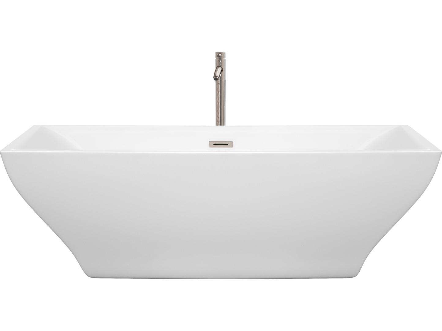 Wyndham Collection Maryam White Bathtub with Floor Mounted Faucet, Drain and Overflow Trim
