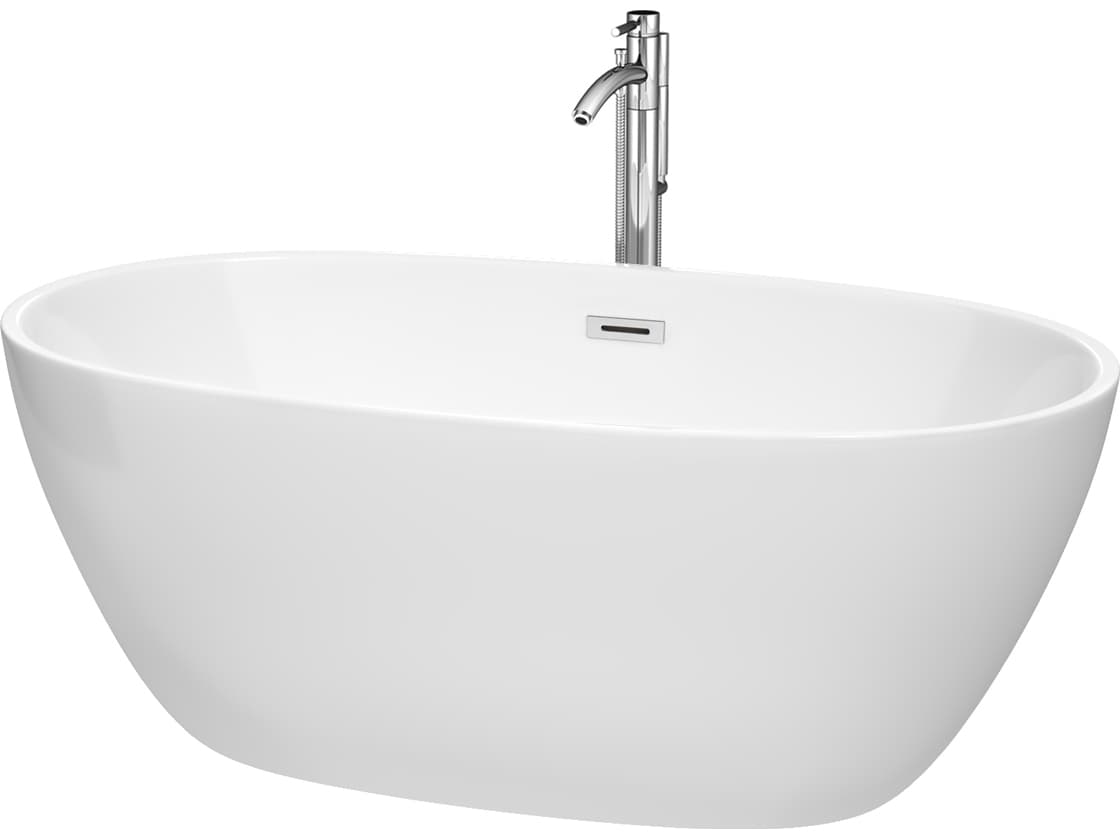 Wyndham Collection Juno White Bathtub with Floor Mounted Faucet, Drain and Overflow Trim