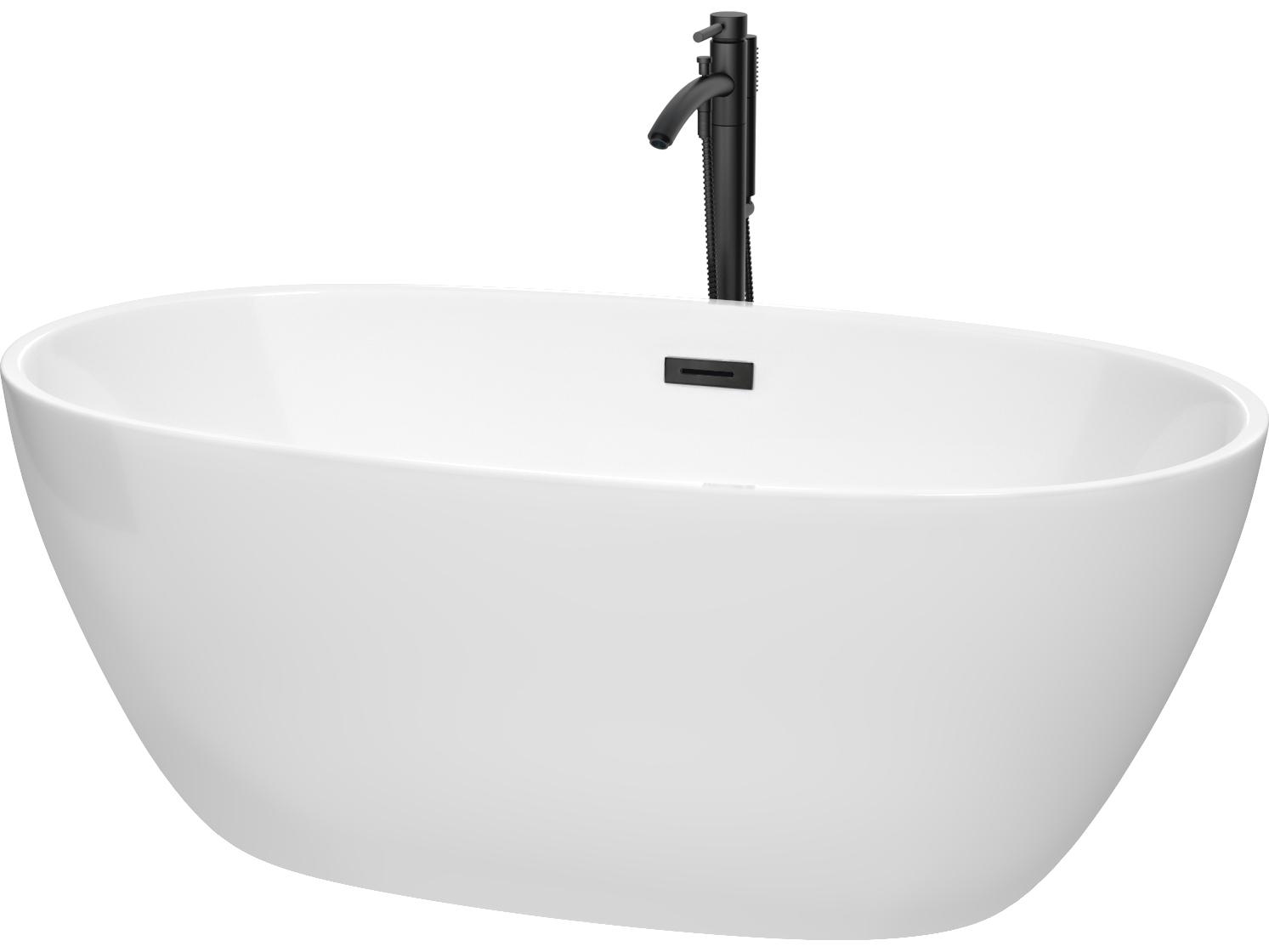 Wyndham Collection Juno White Bathtub with Floor Mounted Faucet, Drain and Overflow Trim