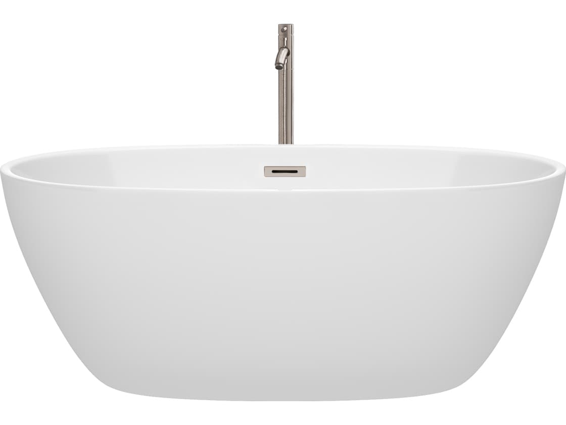 Wyndham Collection Juno White Bathtub with Floor Mounted Faucet, Drain and Overflow Trim
