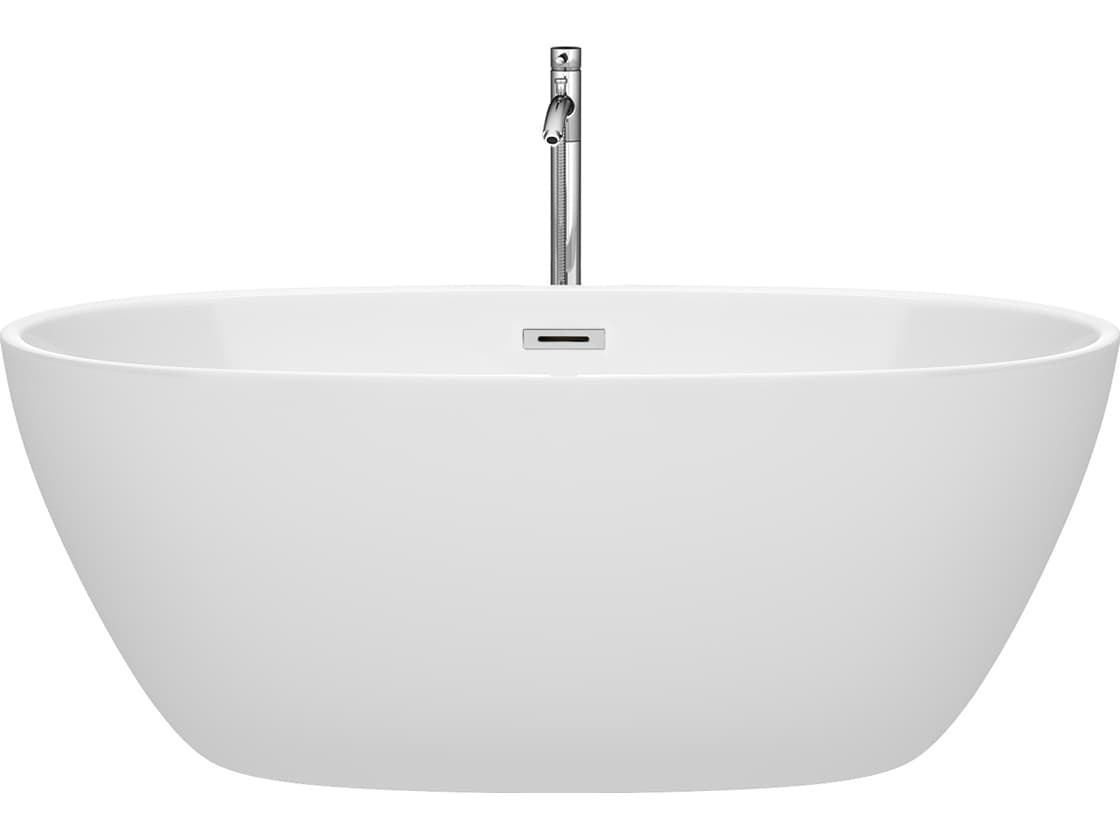 Wyndham Collection Juno White Bathtub with Floor Mounted Faucet, Drain and Overflow Trim
