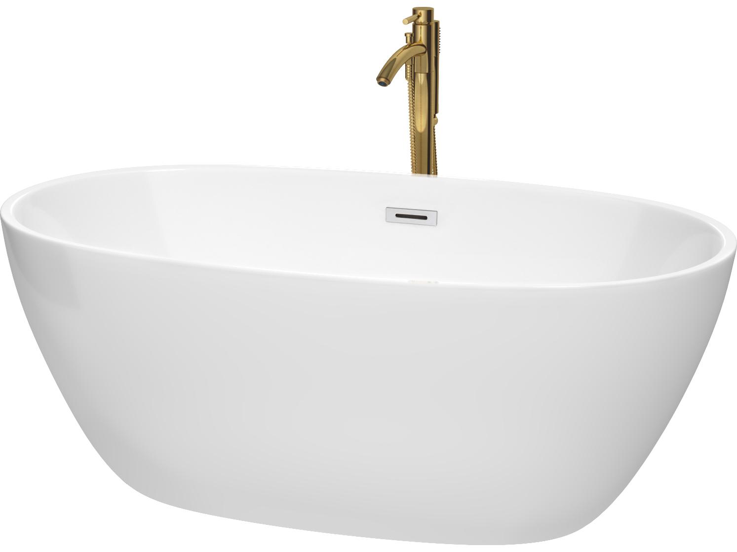 Wyndham Collection Juno White Bathtub with Polished Chrome Trim and Floor Mounted Faucet