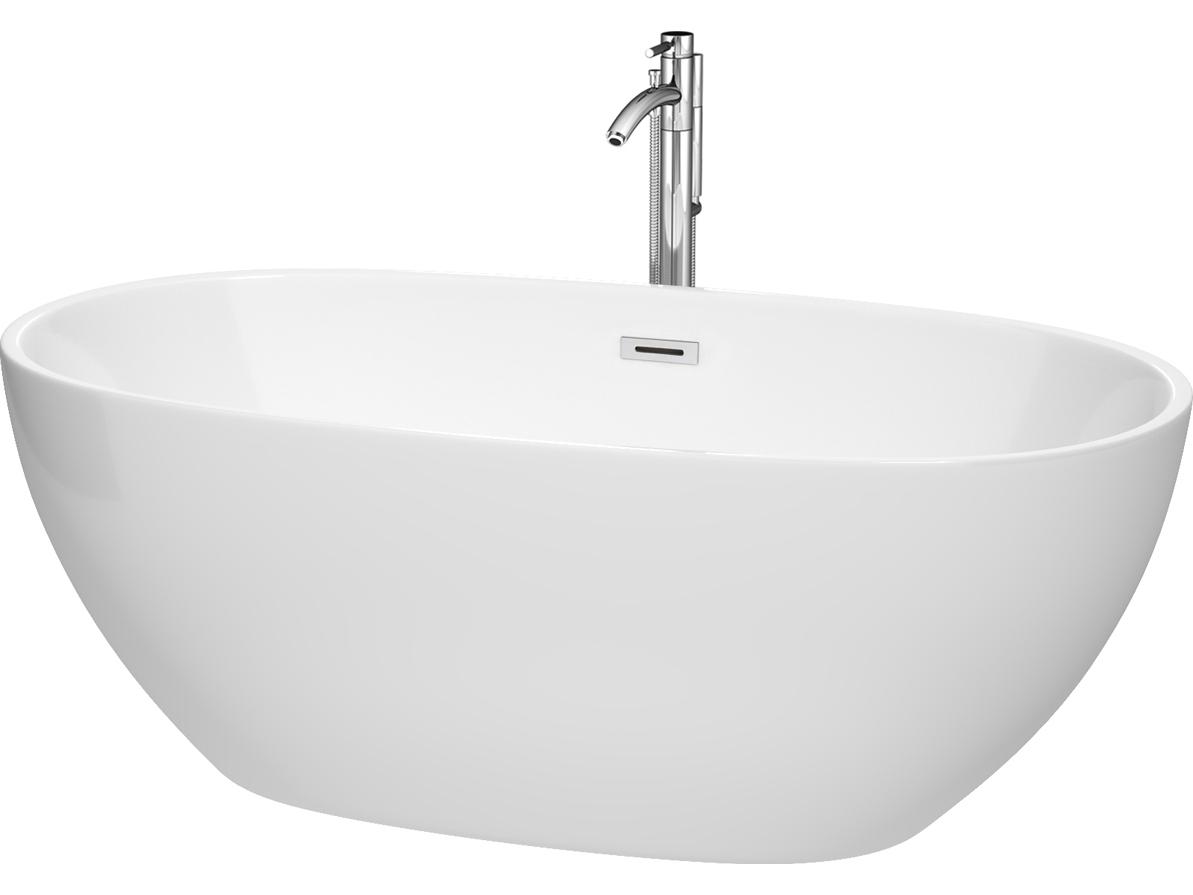 Wyndham Collection Juno White Bathtub with Floor Mounted Faucet, Drain and Overflow Trim