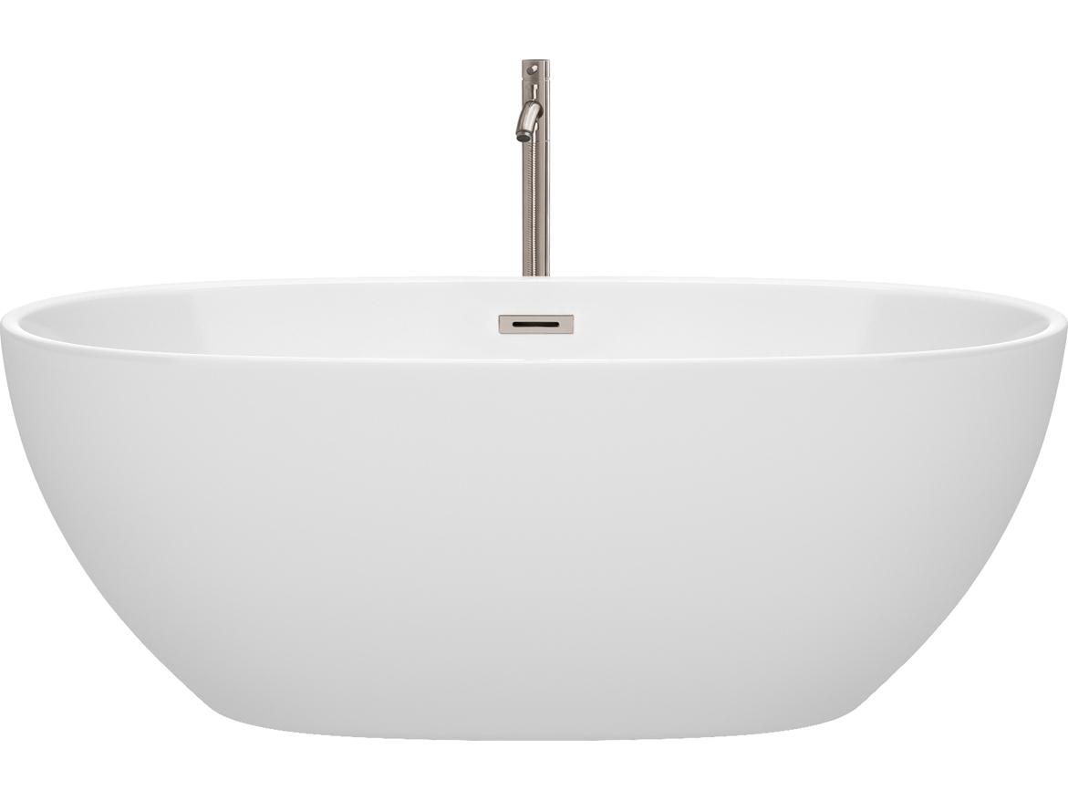 Wyndham Collection Juno White Bathtub with Floor Mounted Faucet, Drain and Overflow Trim