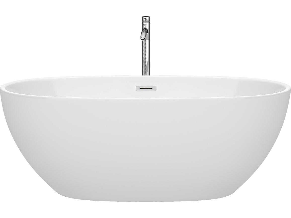 Wyndham Collection Juno White Bathtub with Floor Mounted Faucet, Drain and Overflow Trim