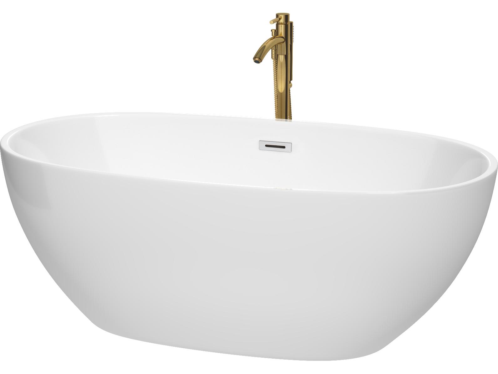 Wyndham Collection Juno White Bathtub with Polished Chrome Trim and Floor Mounted Faucet