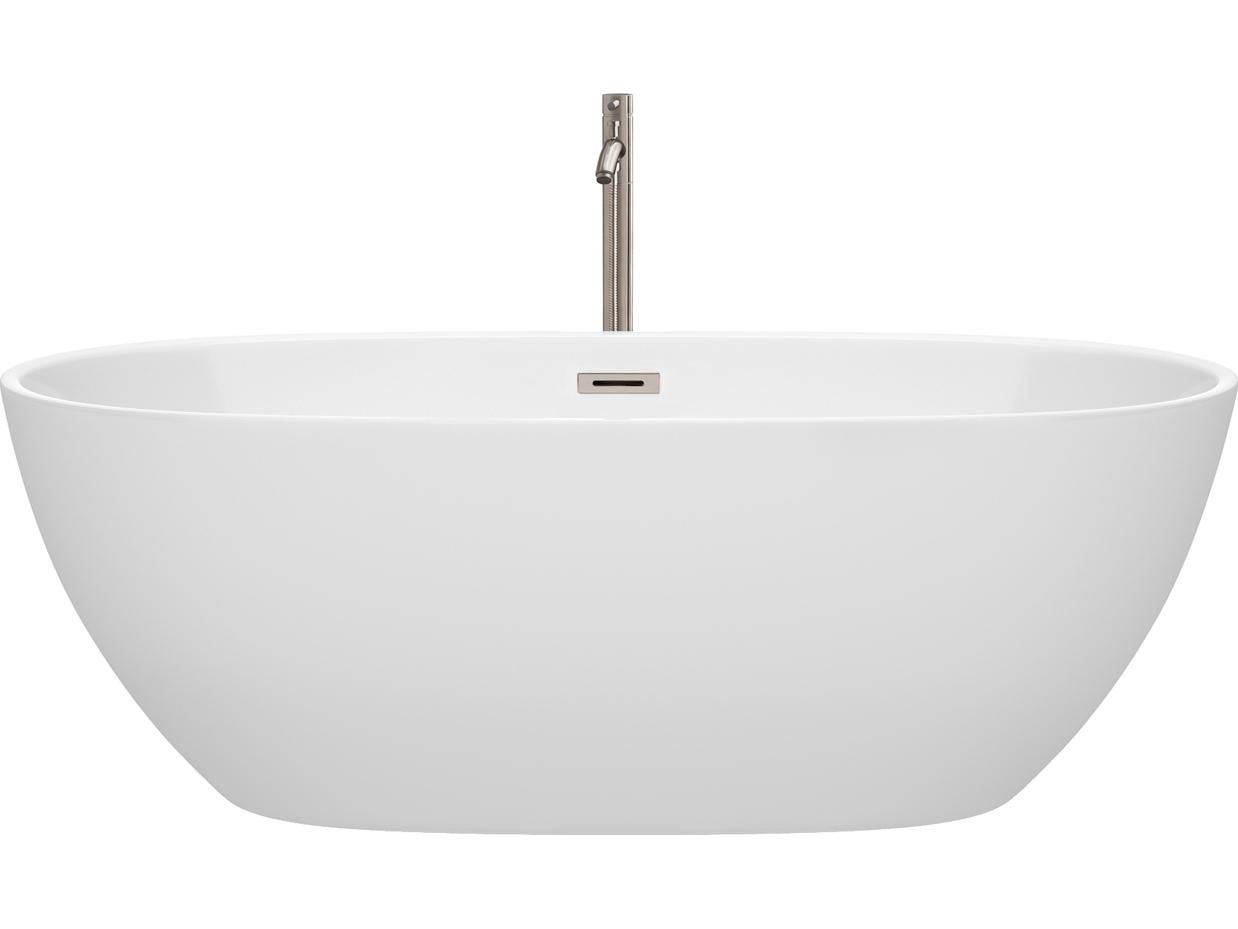 Wyndham Collection Juno White Bathtub with Floor Mounted Faucet, Drain and Overflow Trim