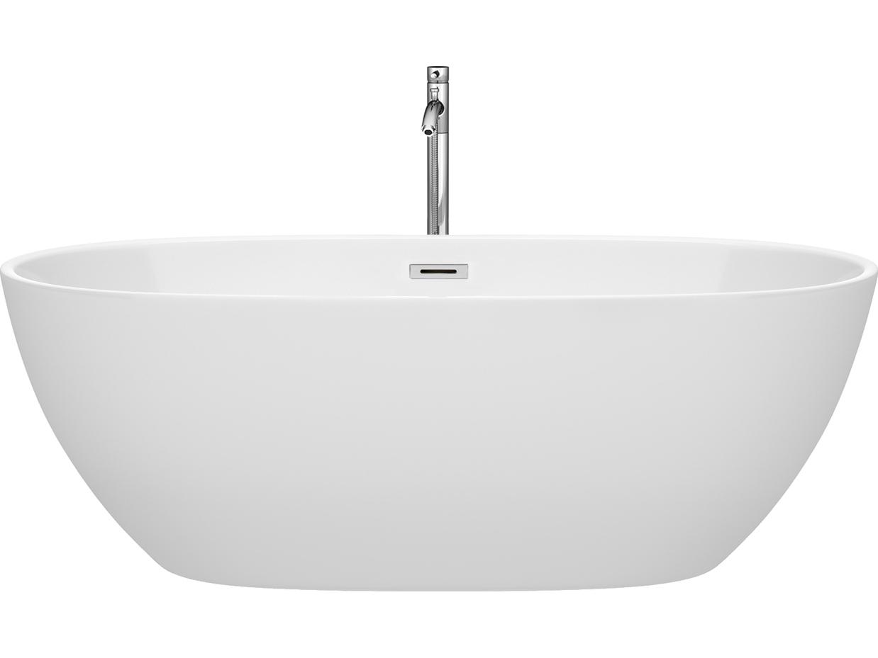 Wyndham Collection Juno White Bathtub with Floor Mounted Faucet, Drain and Overflow Trim