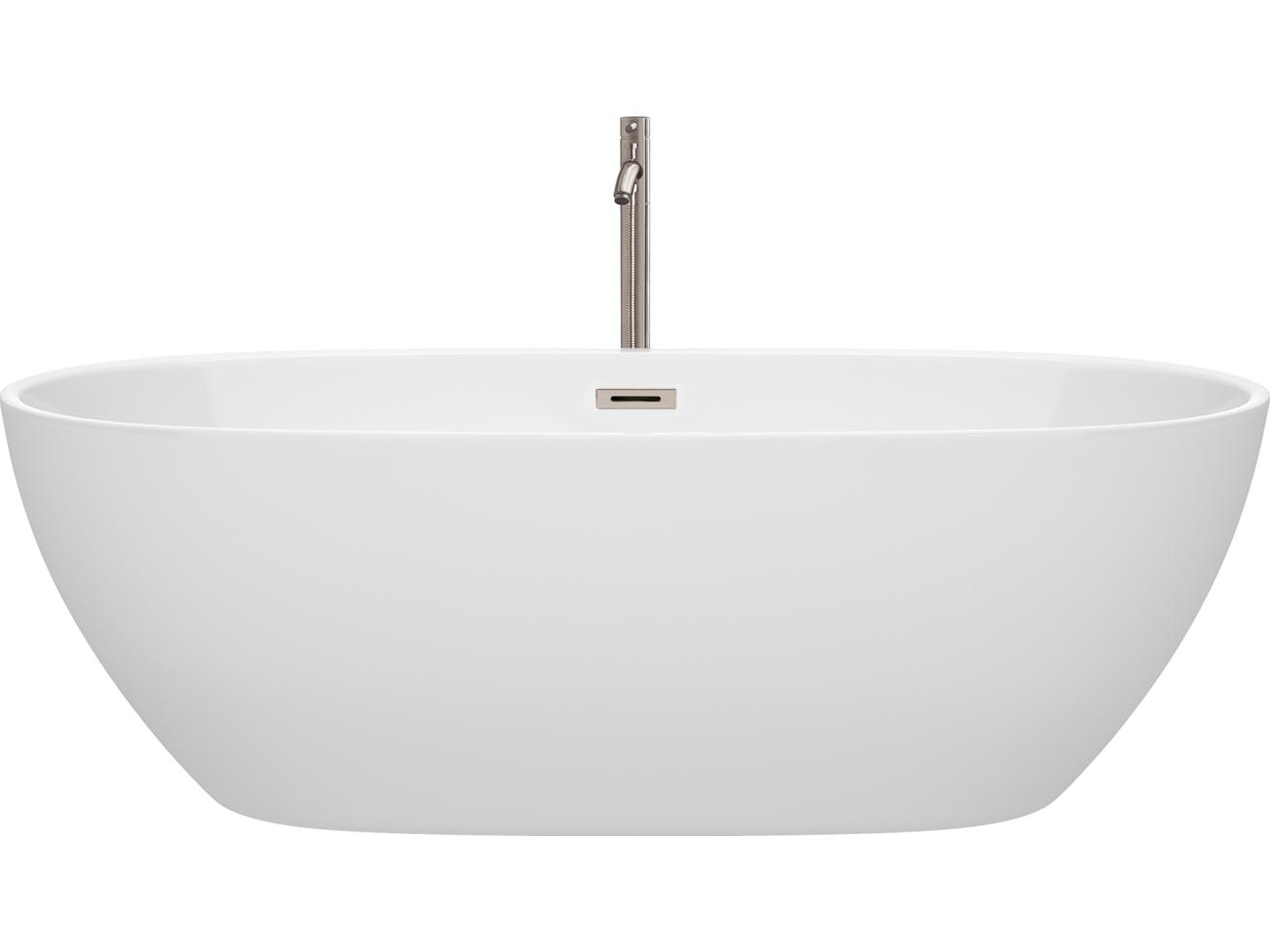 Wyndham Collection Juno White Bathtub with Floor Mounted Faucet, Drain and Overflow Trim