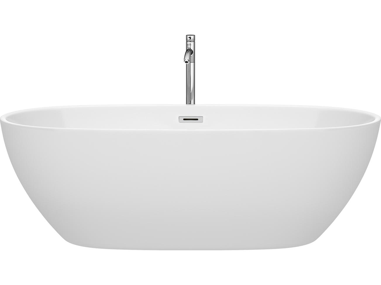Wyndham Collection Juno White Bathtub with Floor Mounted Faucet, Drain and Overflow Trim