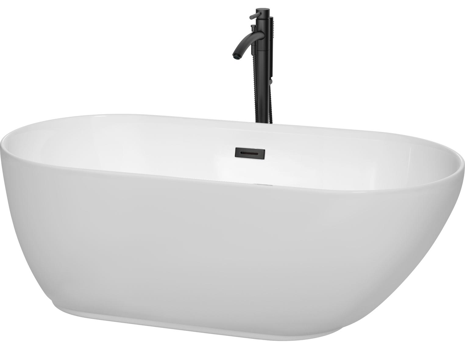 Wyndham Collection Melissa White Bathtub with Floor Mounted Faucet, Drain and Overflow Trim