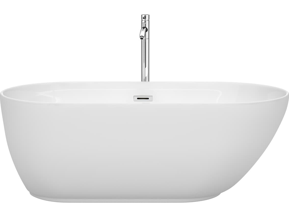 Wyndham Collection Melissa White Bathtub with Floor Mounted Faucet, Drain and Overflow Trim
