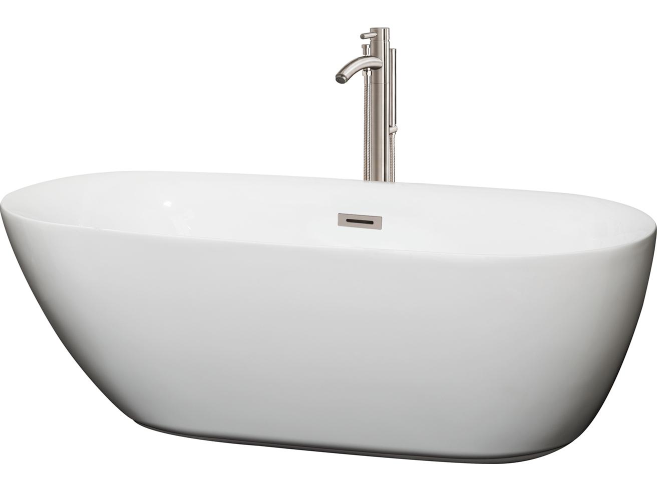 Wyndham Collection Melissa White Bathtub with Floor Mounted Faucet, Drain and Overflow Trim