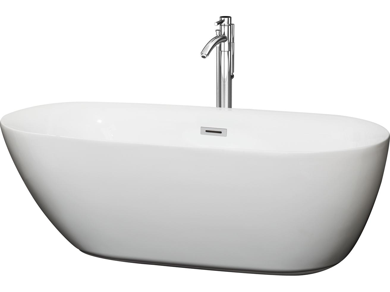 Wyndham Collection Melissa White Bathtub with Floor Mounted Faucet, Drain and Overflow Trim