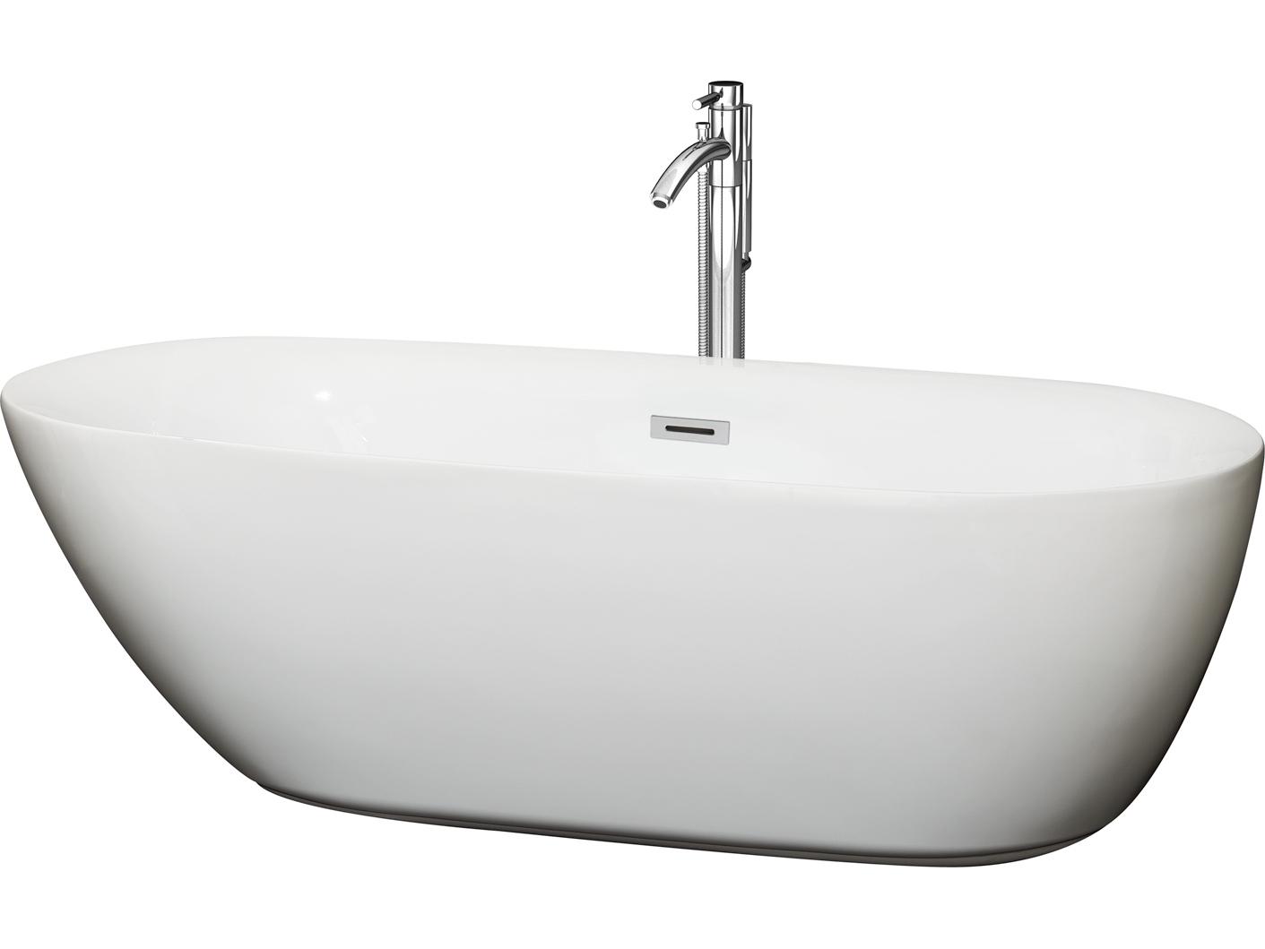 Wyndham Collection Melissa White Bathtub with Floor Mounted Faucet, Drain and Overflow Trim