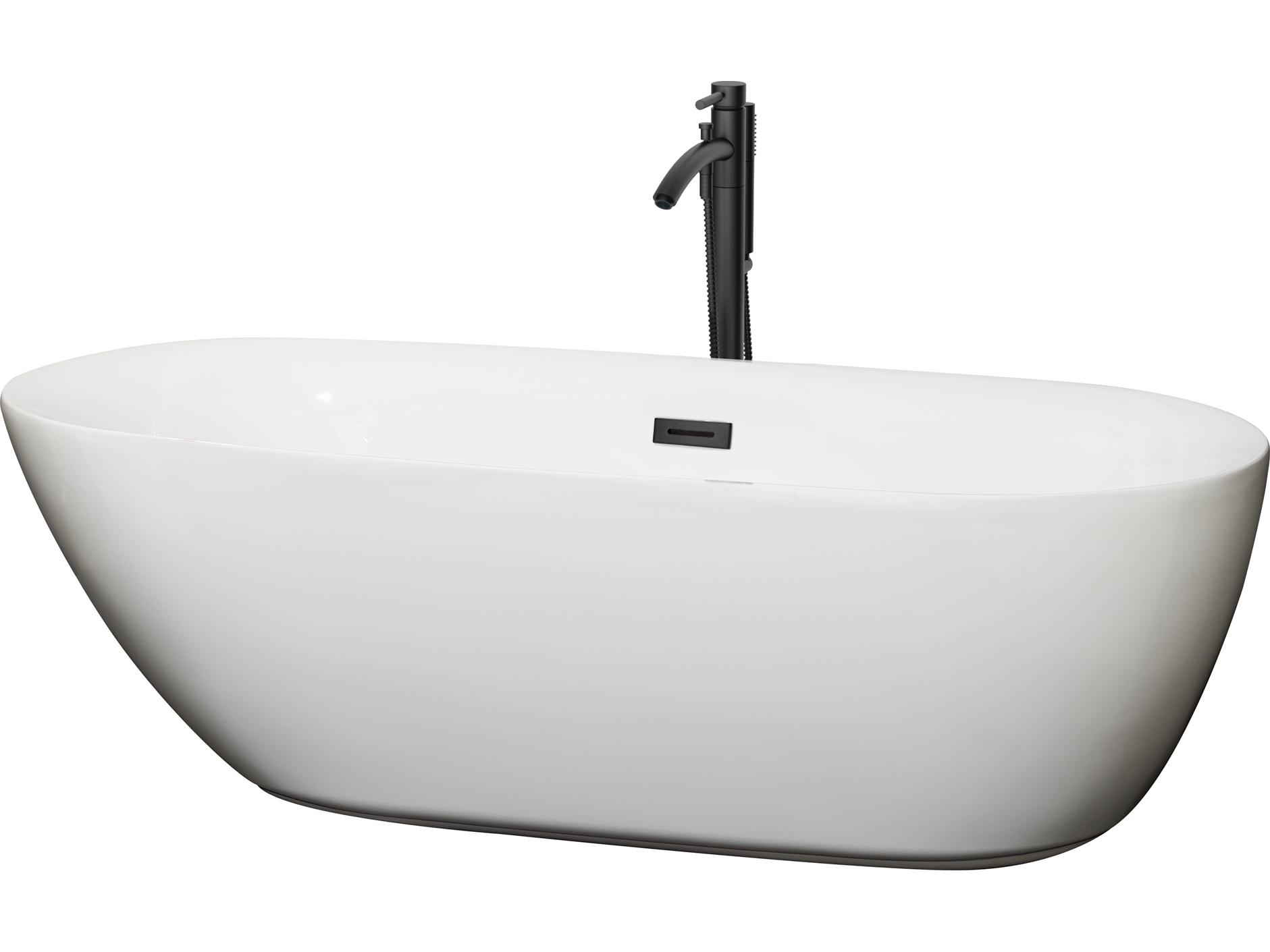 Wyndham Collection Melissa White Bathtub with Floor Mounted Faucet, Drain and Overflow Trim