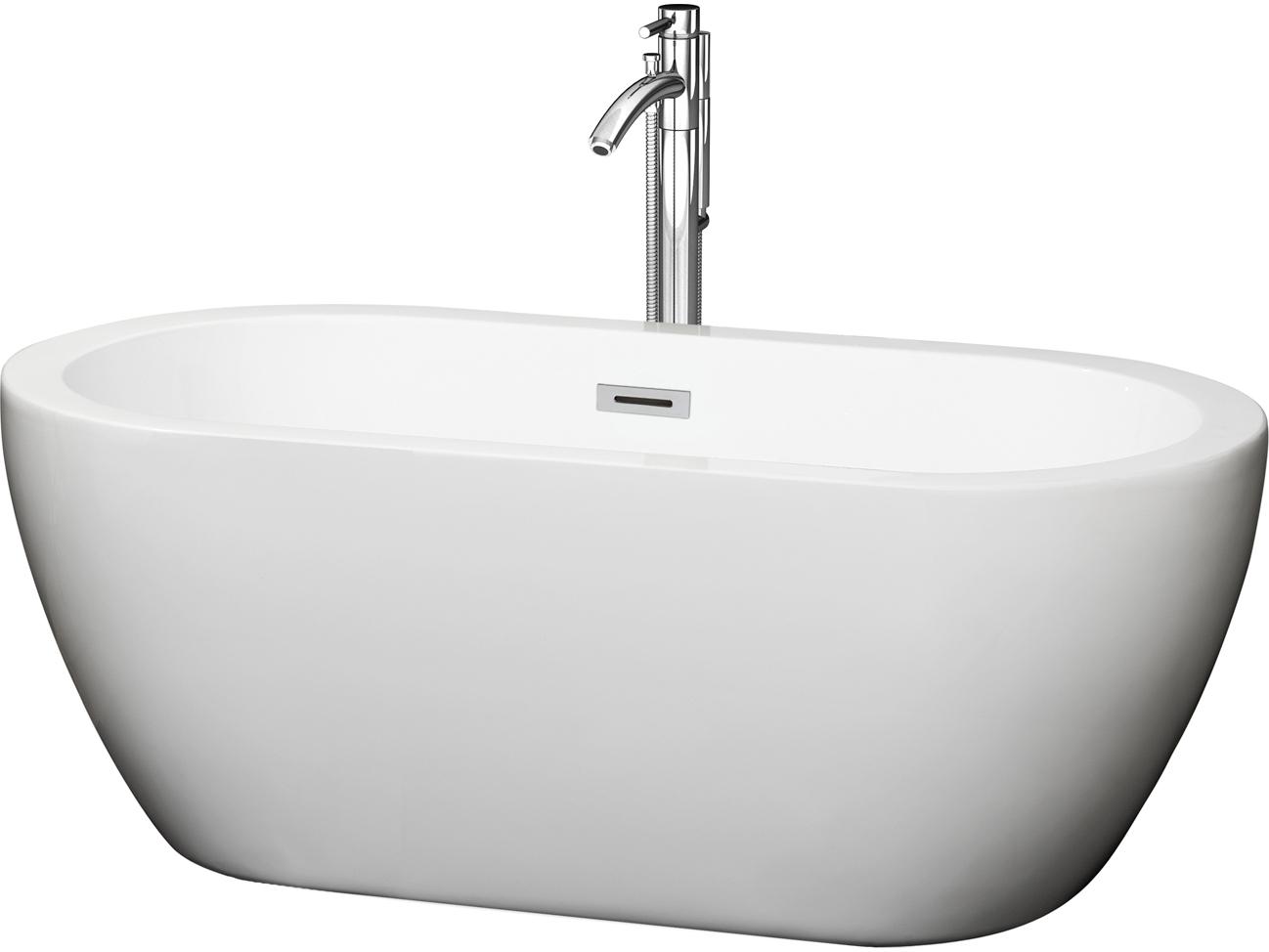 Wyndham Collection Soho White Bathtub with Floor Mounted Faucet, Drain and Overflow Trim