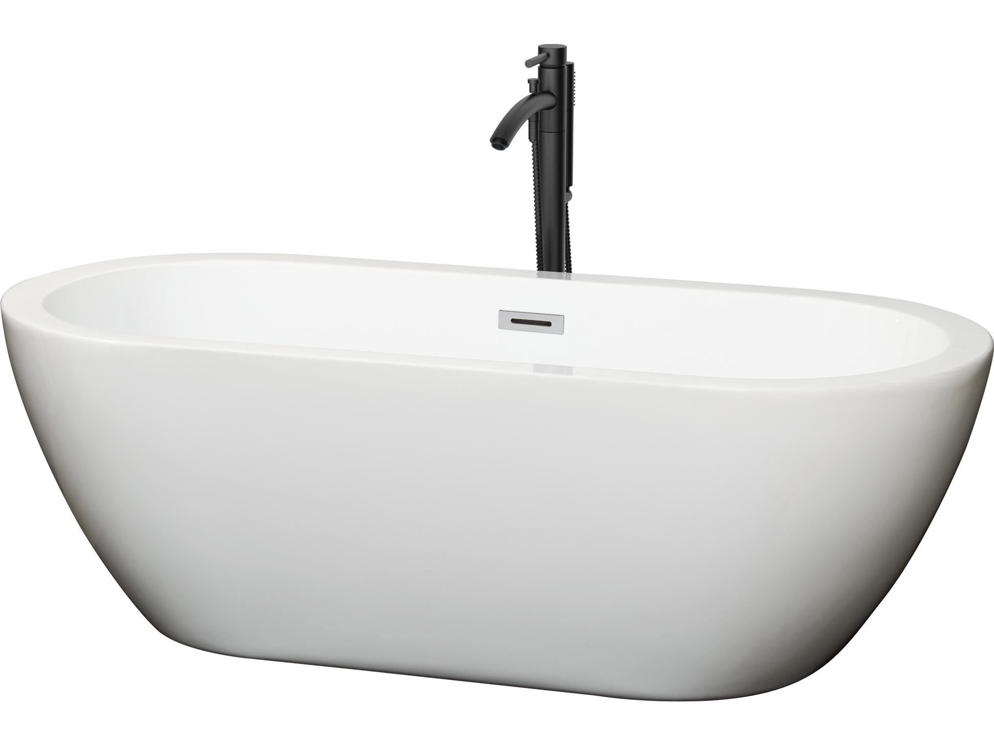 Wyndham Collection Soho White Bathtub with Polished Chrome Trim and Floor Mounted Faucet