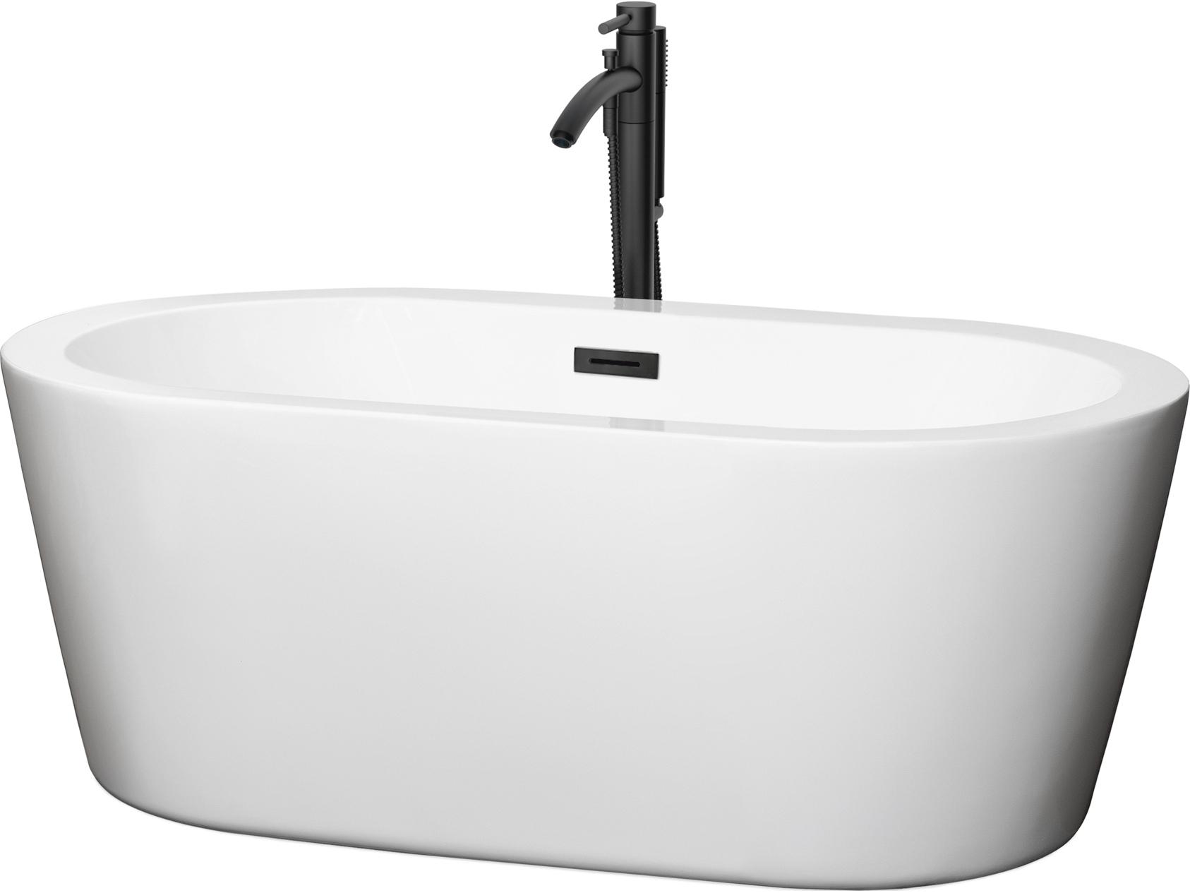 Wyndham Collection Mermaid White Bathtub with Floor Mounted Faucet, Drain and Overflow Trim