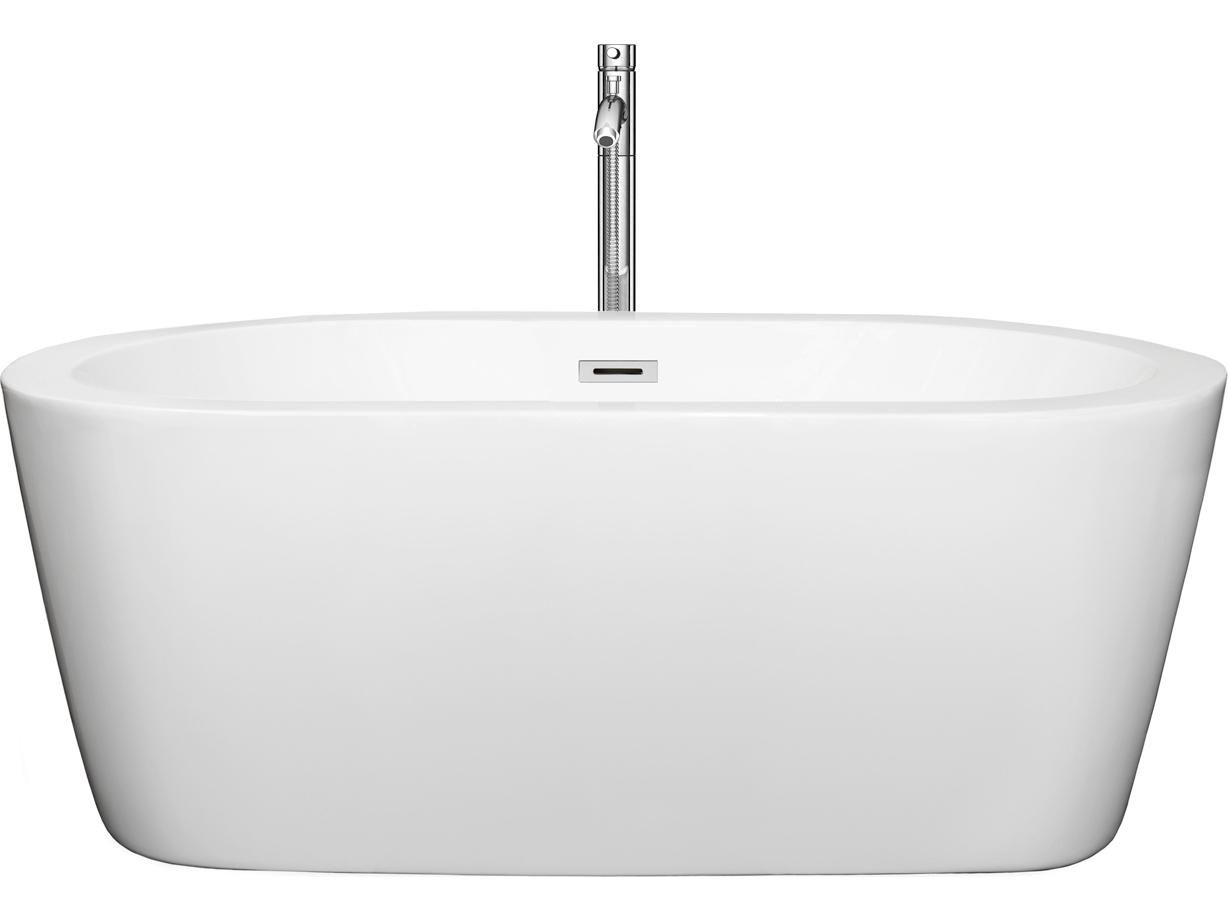 Wyndham Collection Mermaid White Bathtub with Floor Mounted Faucet, Drain and Overflow Trim