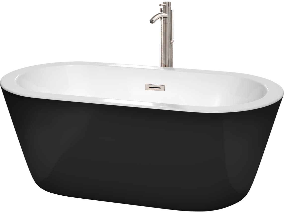Wyndham Collection Mermaid Black White Bathtub with Floor Mounted Faucet, Drain and Overflow Trim