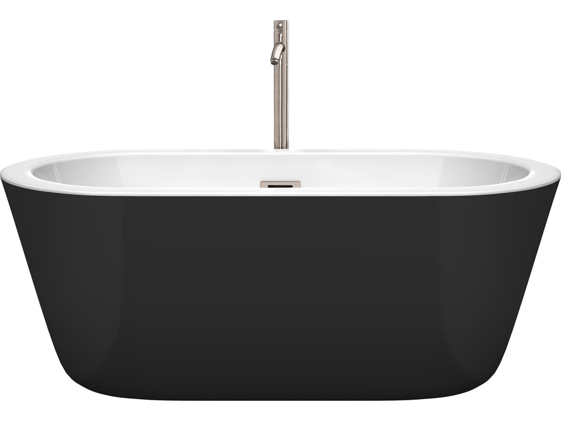 Wyndham Collection Mermaid Black White Bathtub with Floor Mounted Faucet, Drain and Overflow Trim