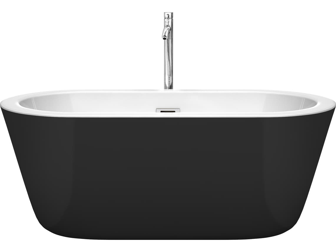 Wyndham Collection Mermaid Black White Bathtub with Floor Mounted Faucet, Drain and Overflow Trim