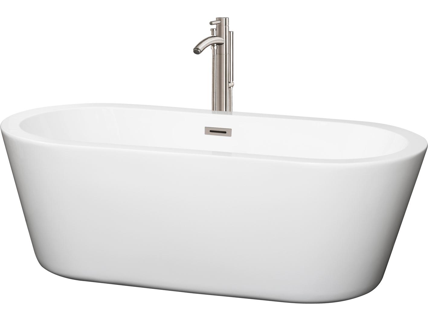 Wyndham Collection Mermaid White Bathtub with Floor Mounted Faucet, Drain and Overflow Trim
