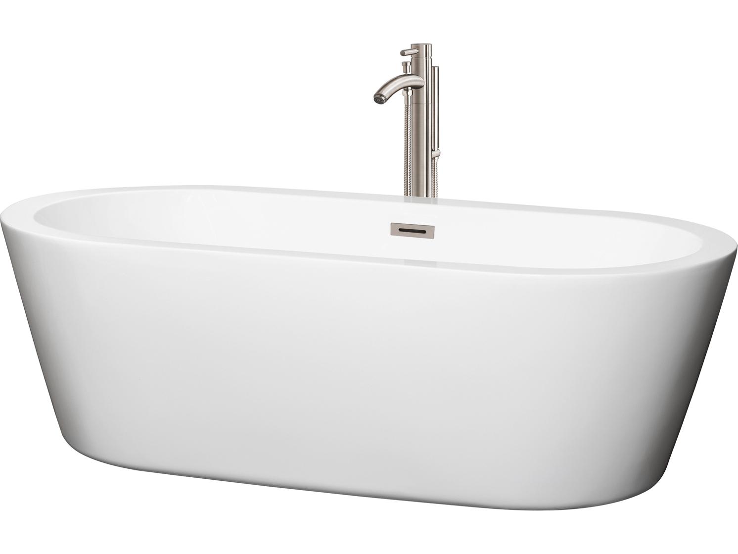 Wyndham Collection Mermaid White Bathtub with Floor Mounted Faucet, Drain and Overflow Trim