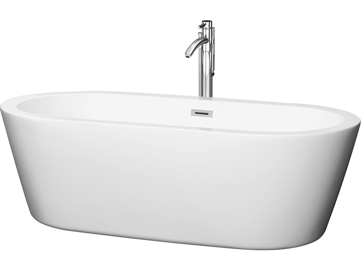 Wyndham Collection Mermaid White Bathtub with Floor Mounted Faucet, Drain and Overflow Trim