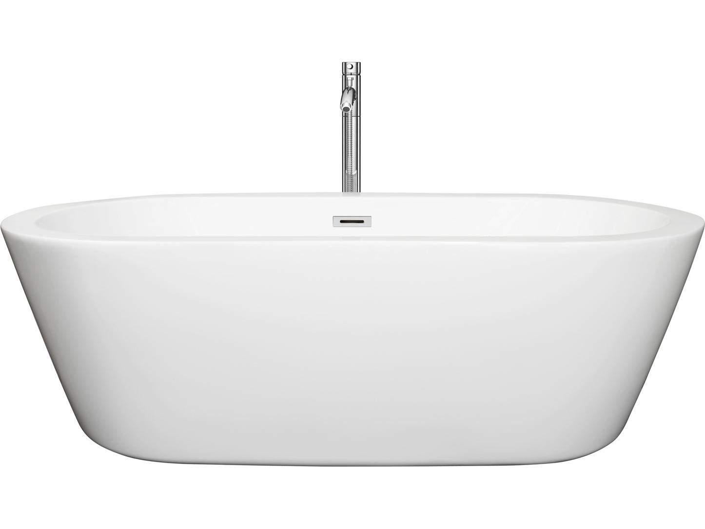Wyndham Collection Mermaid White Bathtub with Floor Mounted Faucet, Drain and Overflow Trim