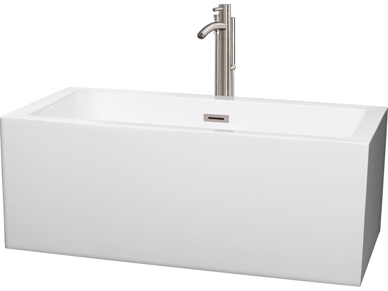 Wyndham Collection Melody White Bathtub with Floor Mounted Faucet, Drain and Overflow Trim