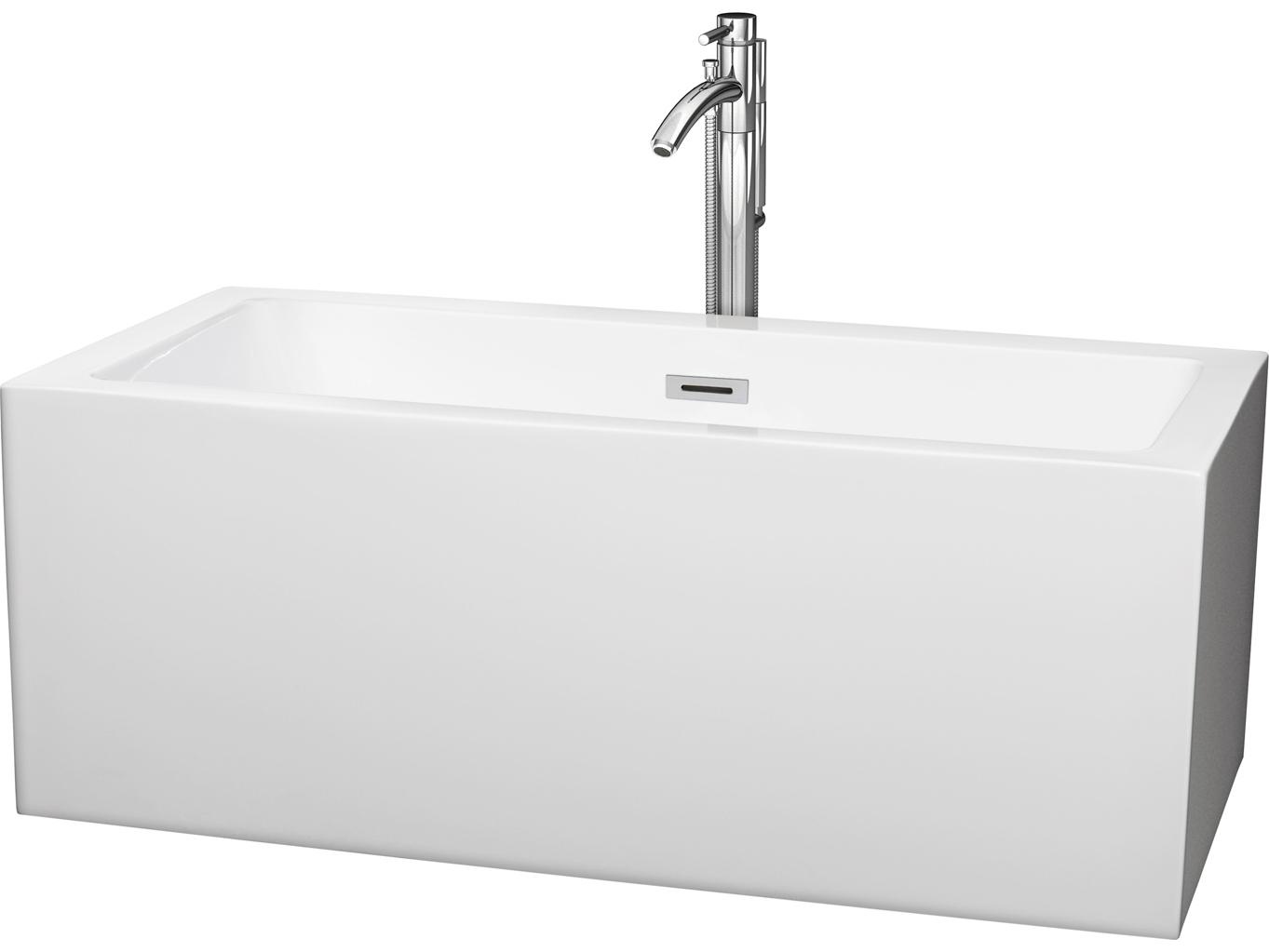 Wyndham Collection Melody White Bathtub with Floor Mounted Faucet, Drain and Overflow Trim