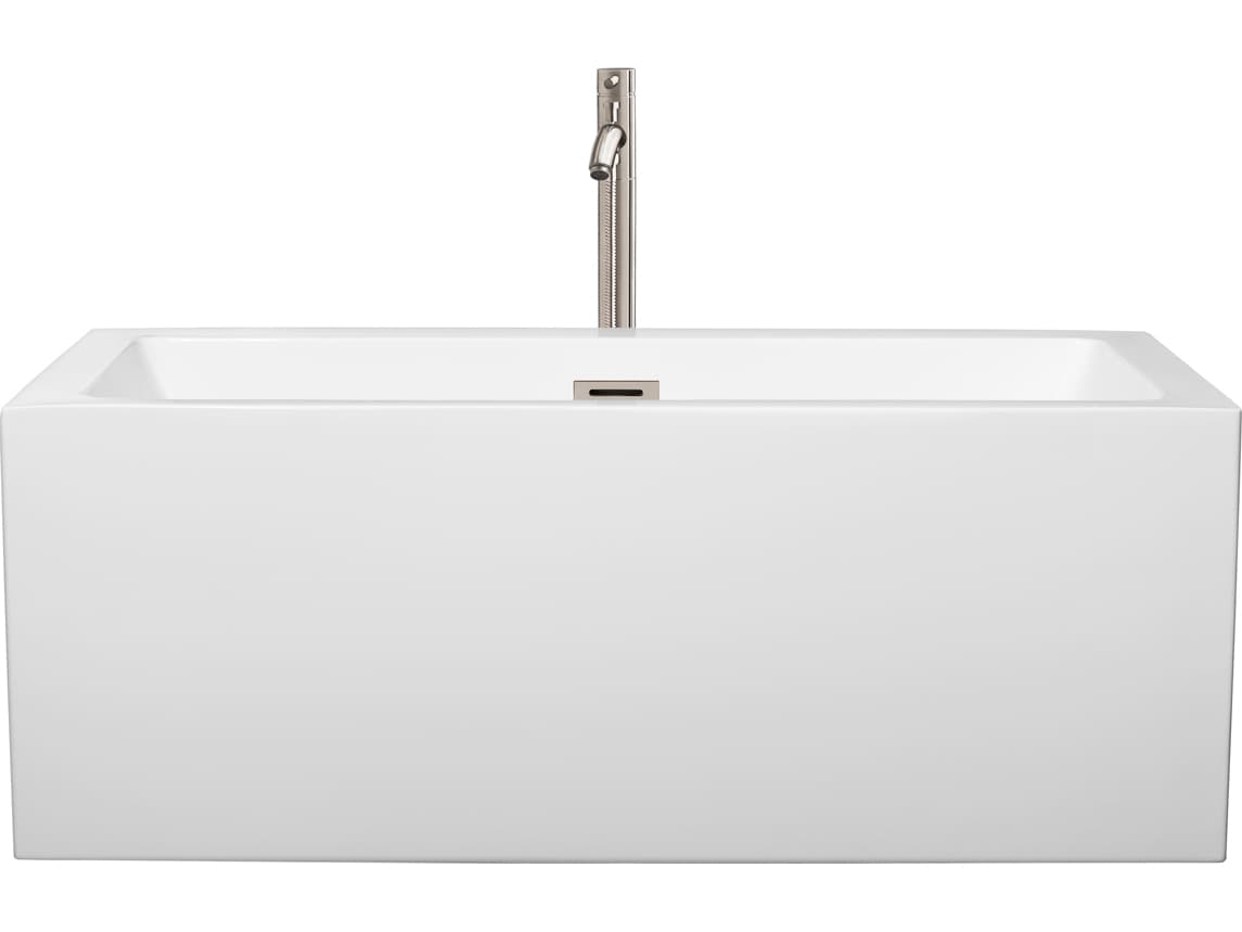 Wyndham Collection Melody White Bathtub with Floor Mounted Faucet, Drain and Overflow Trim