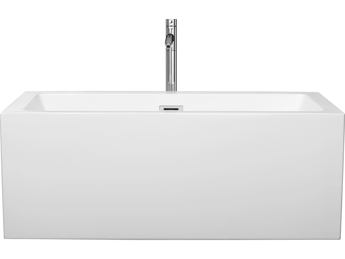 Wyndham Collection Melody White Bathtub with Floor Mounted Faucet, Drain and Overflow Trim
