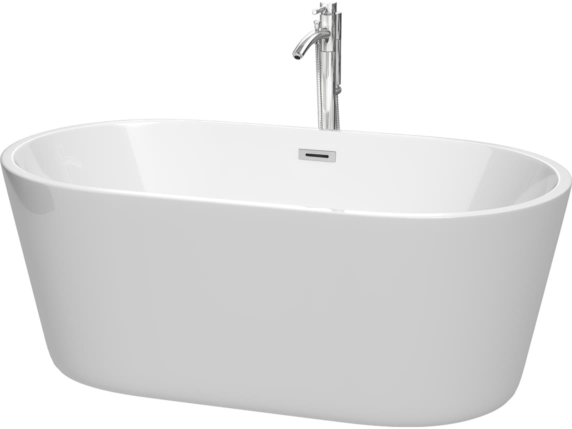 Wyndham Collection Carissa White Bathtub with Floor Mounted Faucet, Drain and Overflow Trim