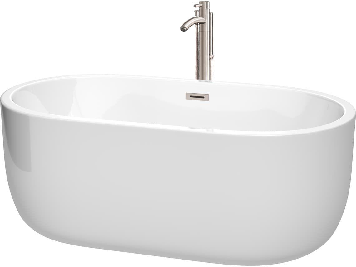 Wyndham Collection Juliette White Bathtub with Floor Mounted Faucet, Drain and Overflow Trim