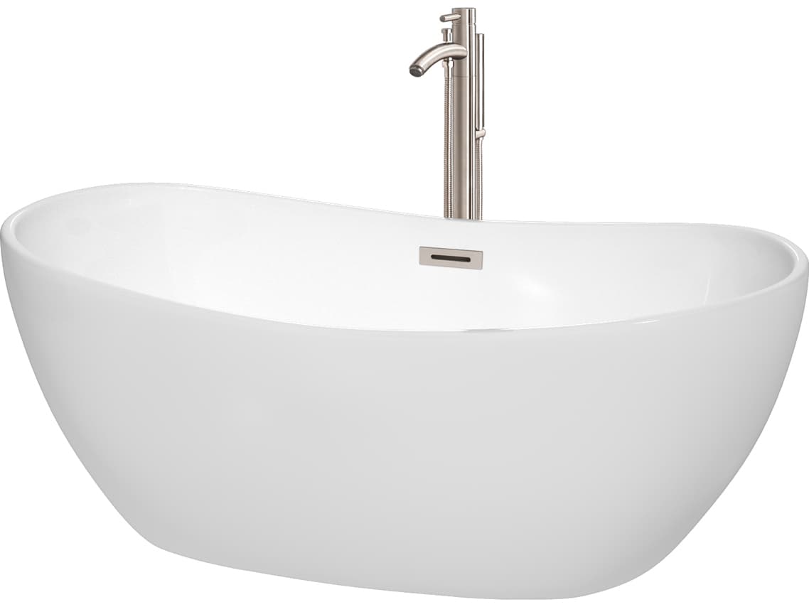 Wyndham Collection Rebecca White Bathtub with Floor Mounted Faucet, Drain and Overflow Trim