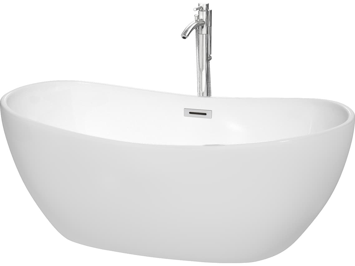 Wyndham Collection Rebecca White Bathtub with Floor Mounted Faucet, Drain and Overflow Trim