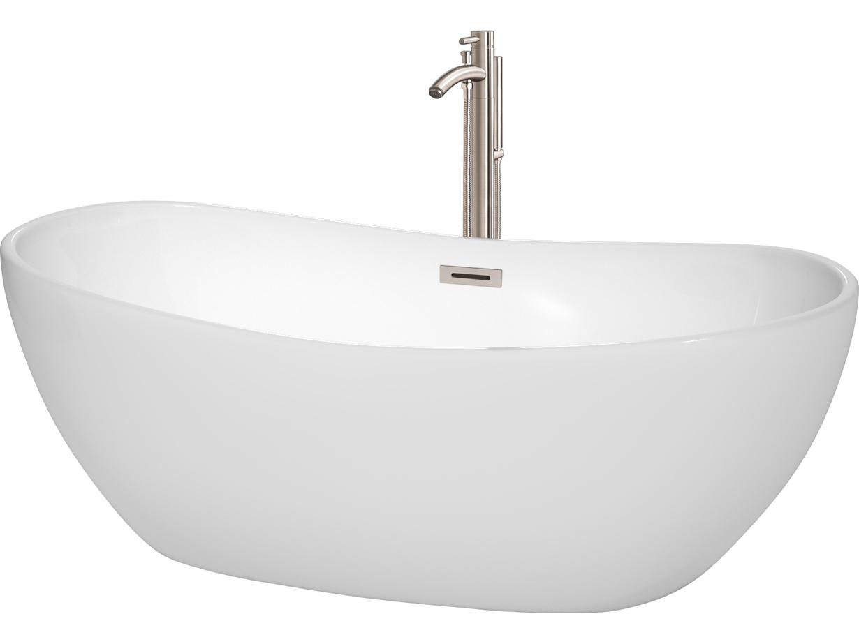 Wyndham Collection Rebecca White Bathtub with Floor Mounted Faucet, Drain and Overflow Trim