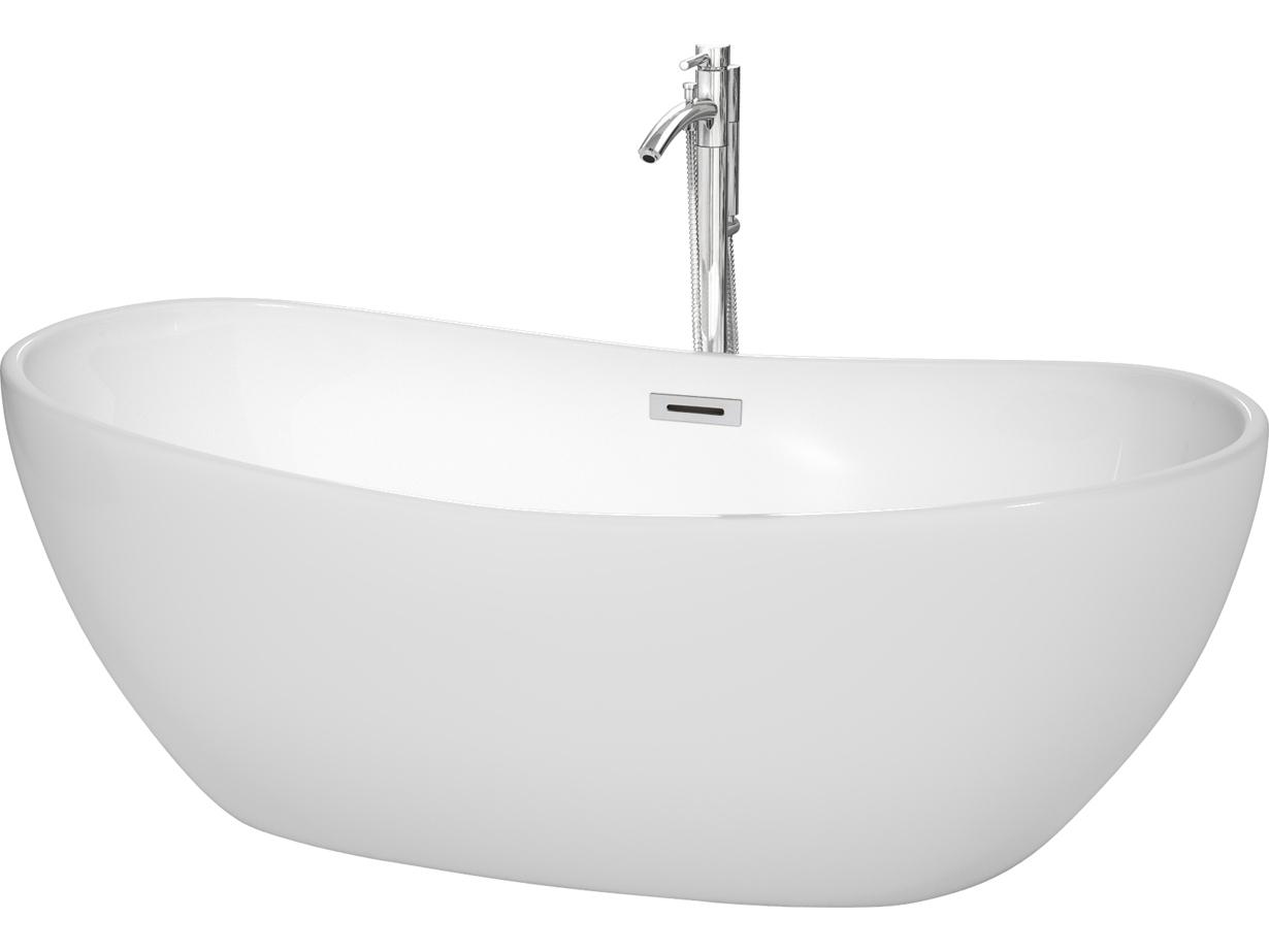 Wyndham Collection Rebecca White Bathtub with Floor Mounted Faucet, Drain and Overflow Trim