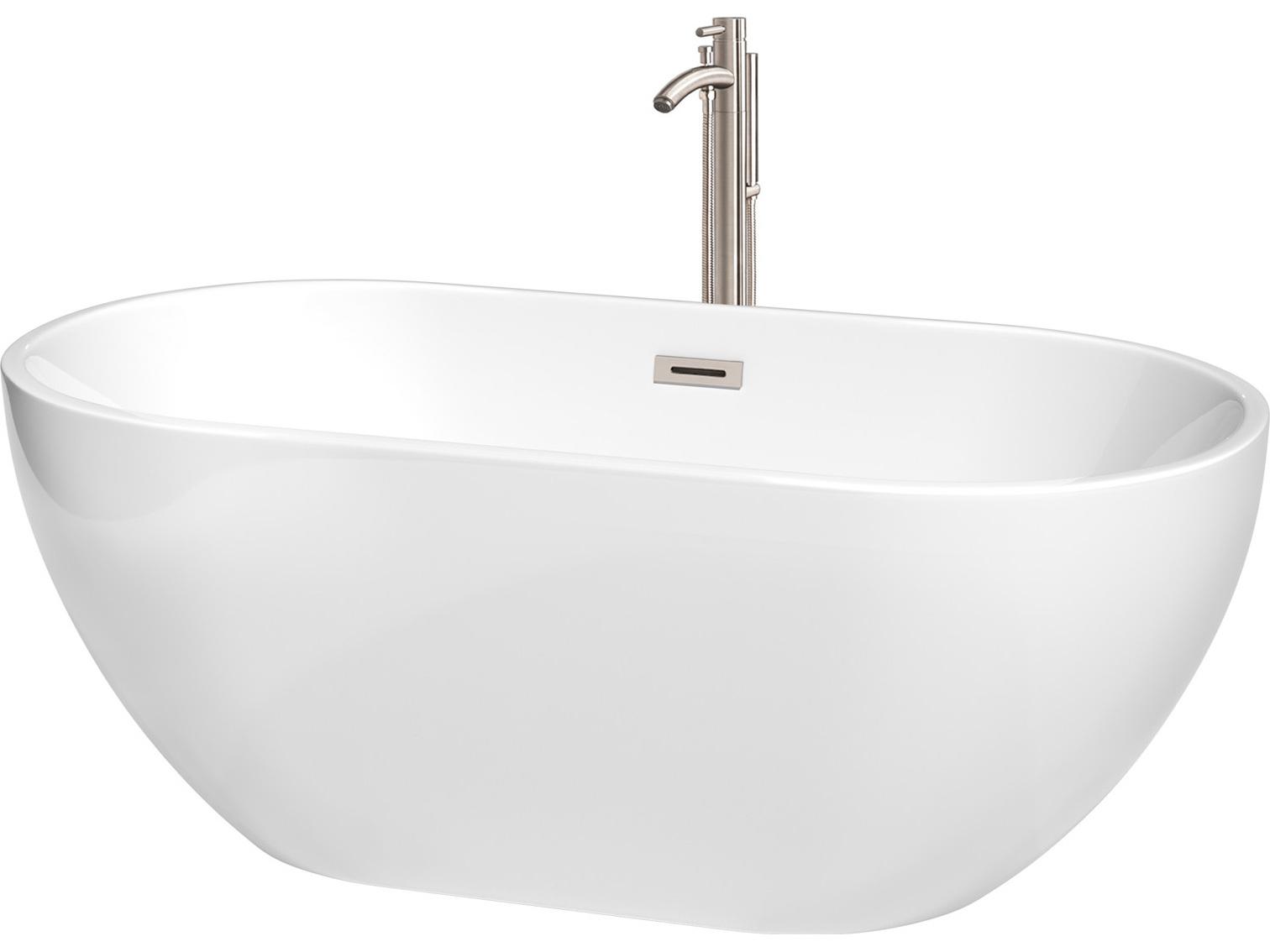 Wyndham Collection Brooklyn White Bathtub with Floor Mounted Faucet, Drain and Overflow Trim