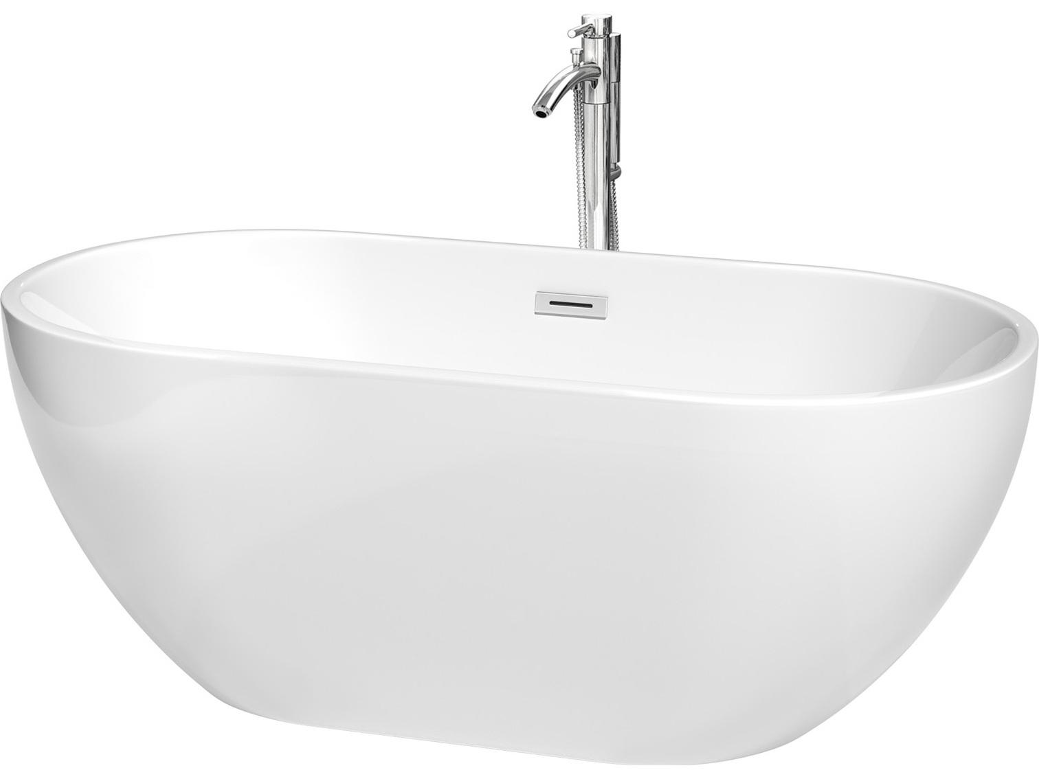 Wyndham Collection Brooklyn White Bathtub with Floor Mounted Faucet, Drain and Overflow Trim