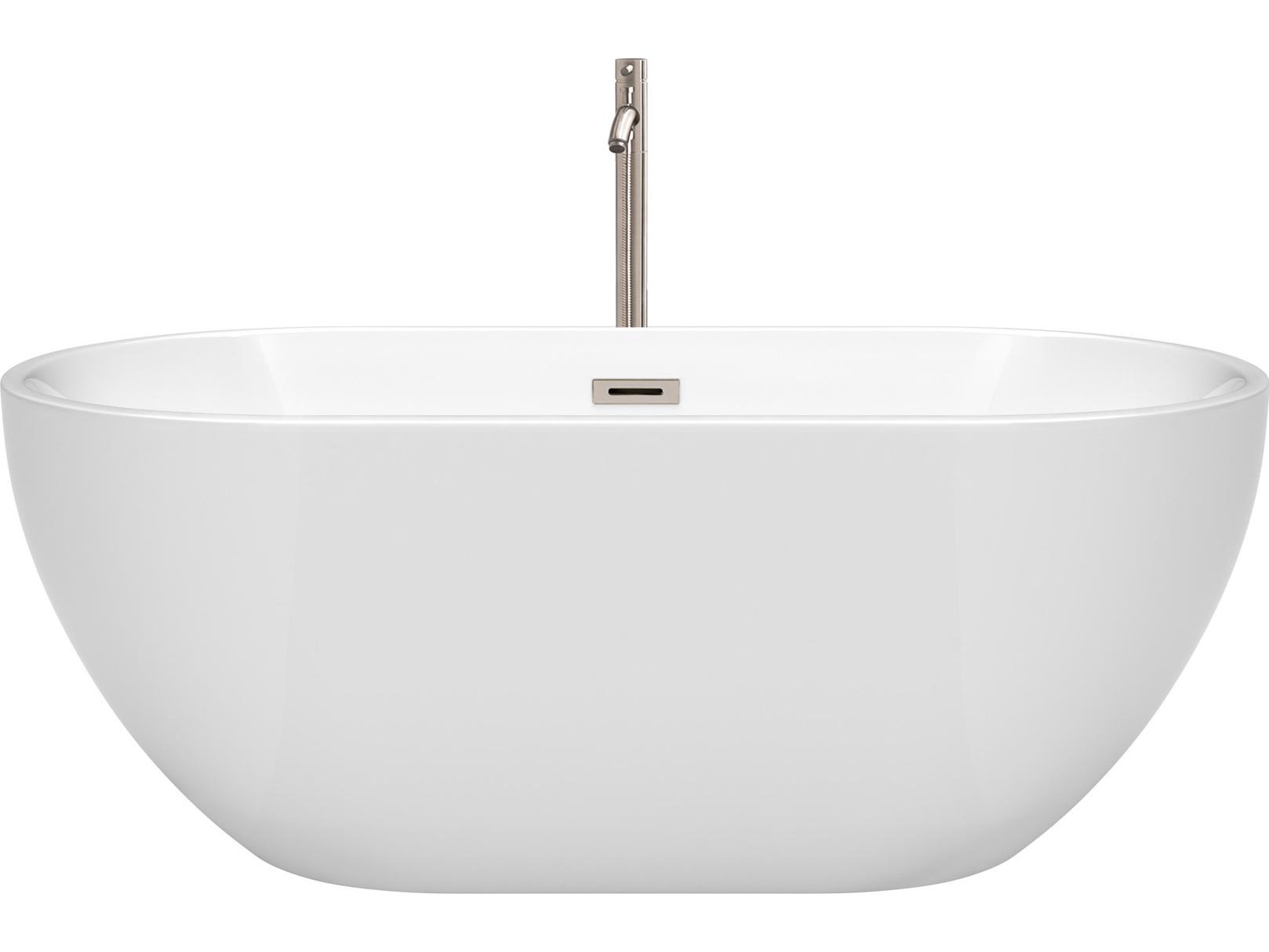 Wyndham Collection Brooklyn White Bathtub with Floor Mounted Faucet, Drain and Overflow Trim
