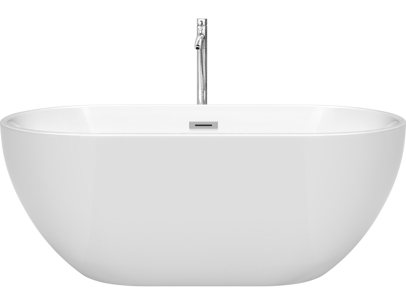 Wyndham Collection Brooklyn White Bathtub with Floor Mounted Faucet, Drain and Overflow Trim