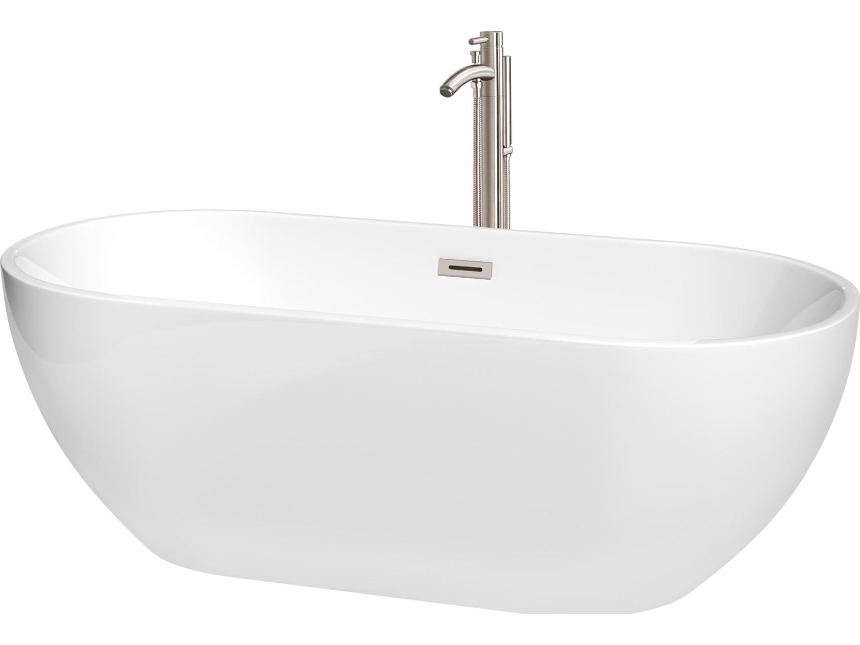 Wyndham Collection Brooklyn White Bathtub with Floor Mounted Faucet, Drain and Overflow Trim